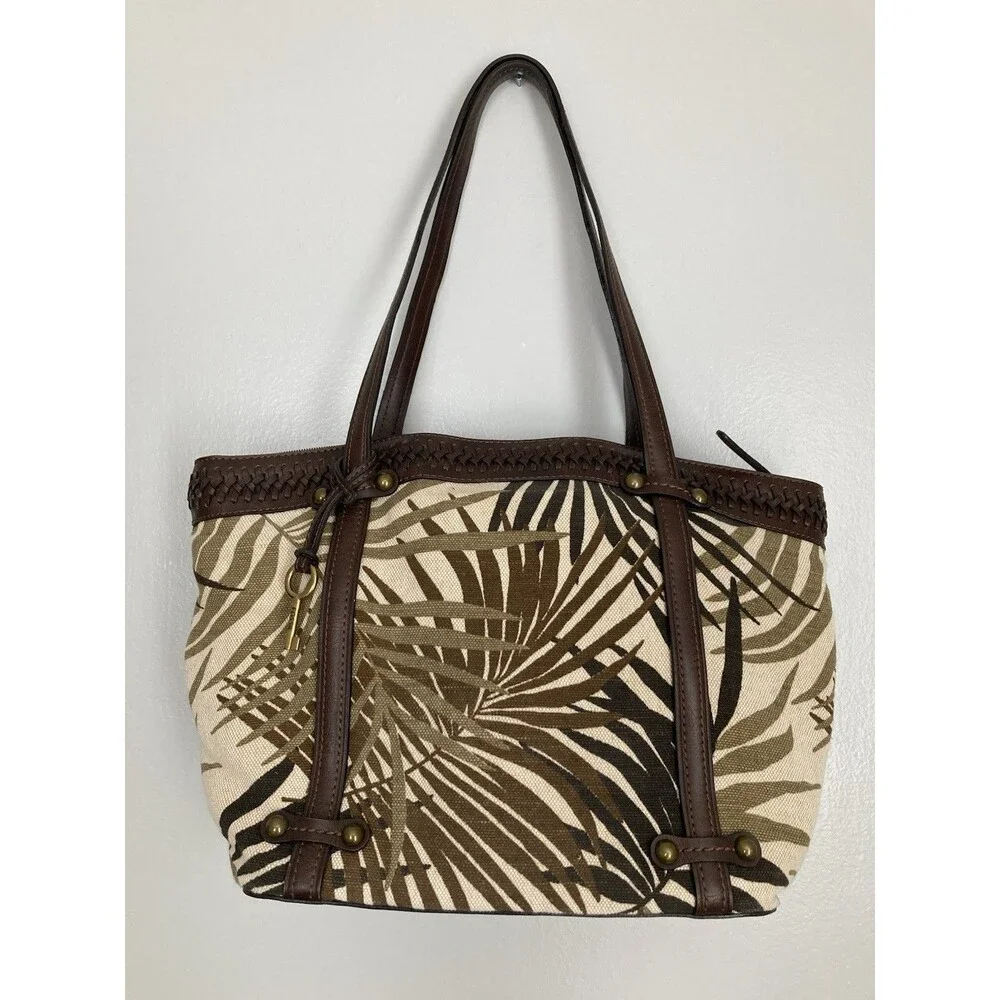 Fossil Palm Print Satchel Tote Leather Canvas Brown Excellent